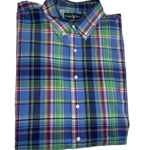 Ralph Lauren Plaid Button Down Shirt Mens XLT Blue Classic-Fit Short Sleeve